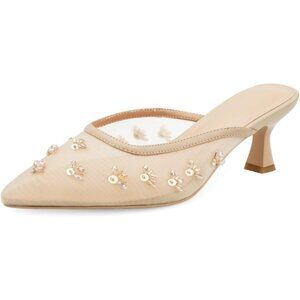 🆕Women Cream Kitten Heel Mules Flower Decor Mesh Pointed Toe Low Heel Pumps